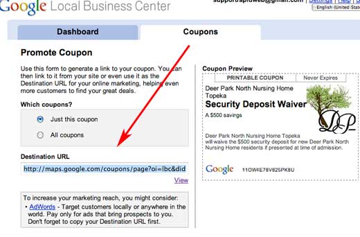 Google Local Coupon Link Feature